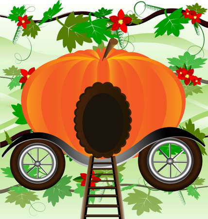 against the background of green leaves is pumpkin-carriageのイラスト素材