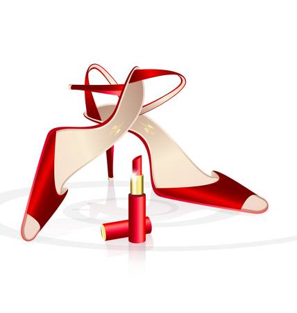 on a white background are couple of  elegant lady s shoes and red lipstickのイラスト素材