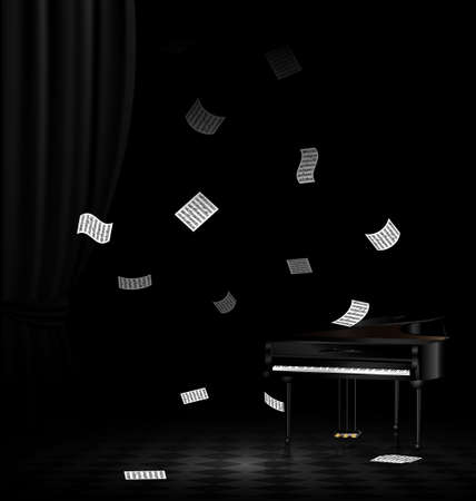 in dark room are black grand piano and falling sheets of notesのイラスト素材