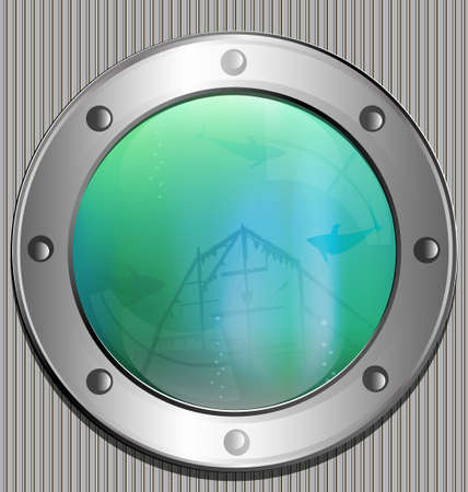 large porthole in it - the sea and silhouettes of a big fish and a old shipのイラスト素材
