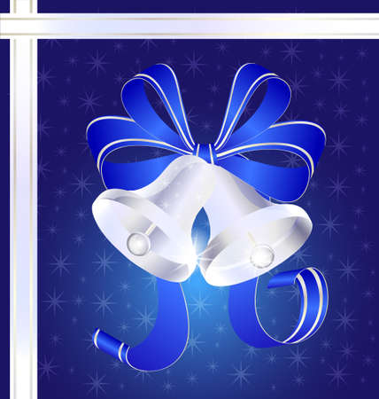 two silver Christmas bells, decorated big blue bowのイラスト素材