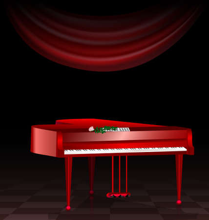 in a dark room are a red grand piano, notes and a roseのイラスト素材