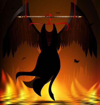 in abstract dark burning room is a hanger with black wings of an angelのイラスト素材
