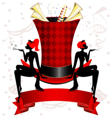 magic top-hat, red ribbon and two figures cat-girlのイラスト素材