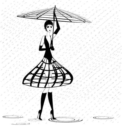 on an white background is stylish strange lady in the rainのイラスト素材