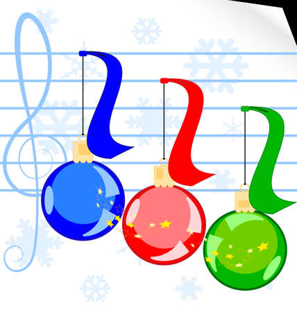 on a white sheet of music paper there are a three Christmas ballsのイラスト素材
