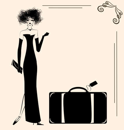 a beige background and a lady with a big suitcaseのイラスト素材