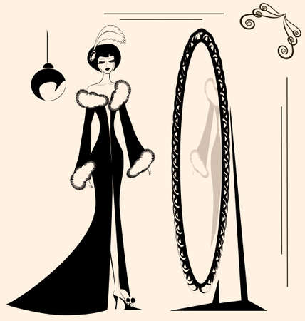 a beige background and a lady bedtime with large mirrorのイラスト素材