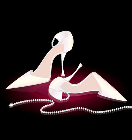 on a dark background there are white lady's shoes and beadsのイラスト素材