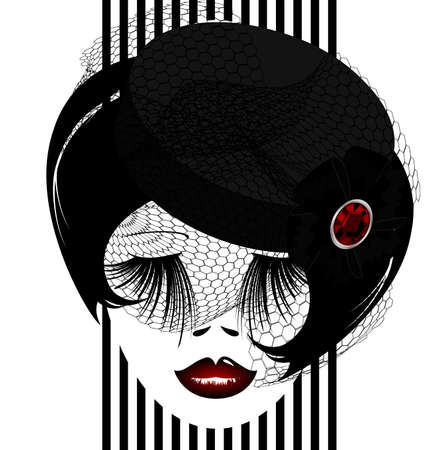 outlines woman's face with black old-fashioned hat and veilのイラスト素材