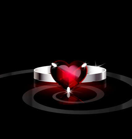 dark background and silver ring with red heartのイラスト素材