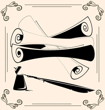 beige background and outlines of a pen and scrollsのイラスト素材