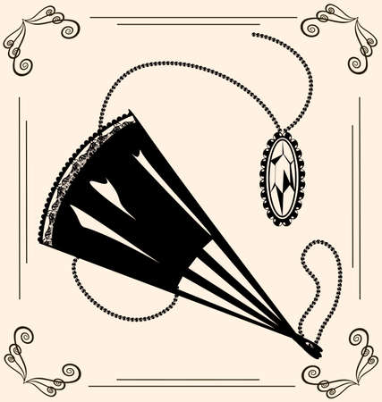 abstract black woman's fan and jewel pendantのイラスト素材