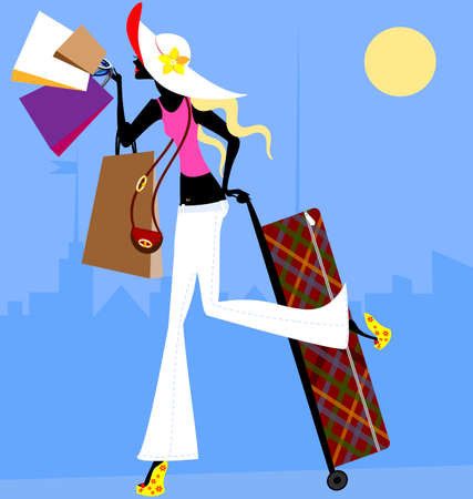 blonde girl with bags and with large suitcase in the cityのイラスト素材