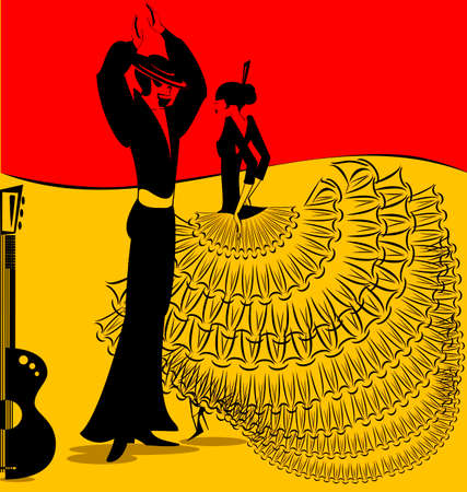 on abstract red-yellow background are couple of Spanish dancersのイラスト素材