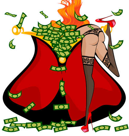 red seminude girl and the large purse with moneyのイラスト素材