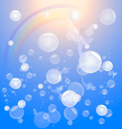 blue skies, rainbow, flying fairies and bubblesのイラスト素材