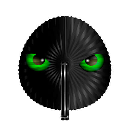 white background and the round black fan with animal green eyesのイラスト素材
