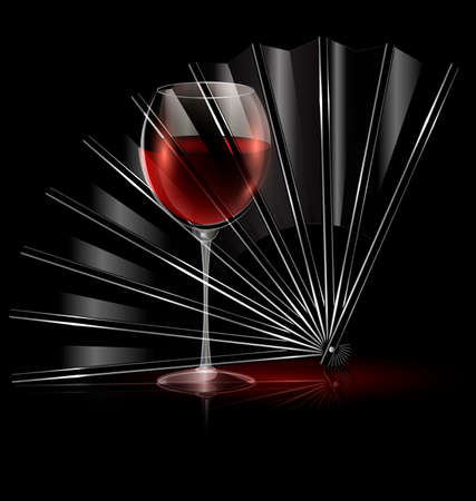 dark background and the black fan with glass of red wineのイラスト素材