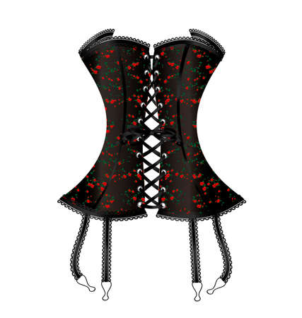 white background and the large black corset with red floral ornamentのイラスト素材
