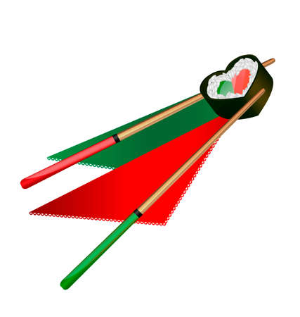 white background and abstract heart-shaped sushi with red and green wooden chopsticksのイラスト素材
