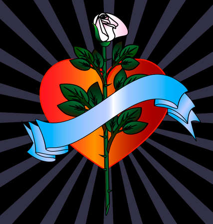 dark background and the large scarlet heart with abstract white rose and blue tapeのイラスト素材