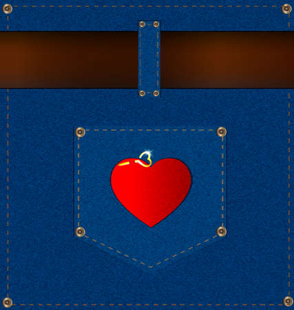 abstract jeans background with the blue pocket, brown belt and red heartのイラスト素材