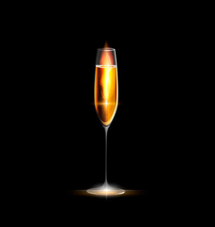 dark black background and the large glass of champagne or white wine with fire insideのイラスト素材