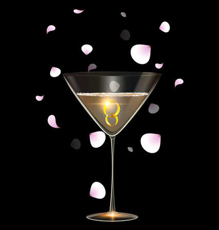 black background and the large glass of champagne with couple of golden jewel rings inside, light falling petalsのイラスト素材