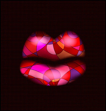 black background and abstract large colored mouth consisting of lines with red dropsのイラスト素材