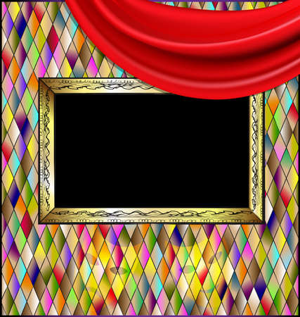 many colored romb background and abstract stylized empty frame wity red drapeのイラスト素材