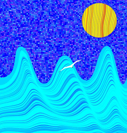 abstract colored image of sky, noon and blue sea with bird consisting of linesのイラスト素材