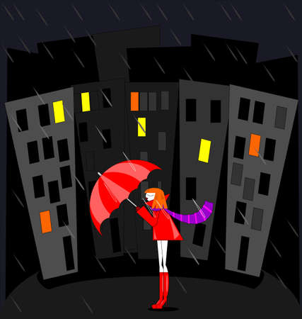 abstract colored vector illustration image of the night city, rain and red haired girlのイラスト素材