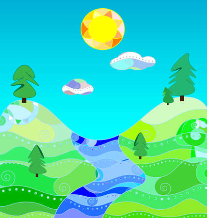 abstract colored image of sky, sun and green field with grass, tree, river consisting of linesのイラスト素材