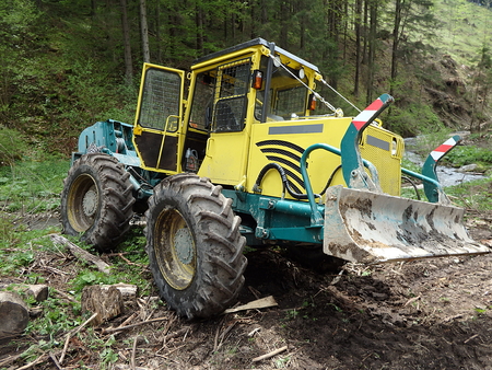 yellow special forestry tractors, Tractor in the woods,