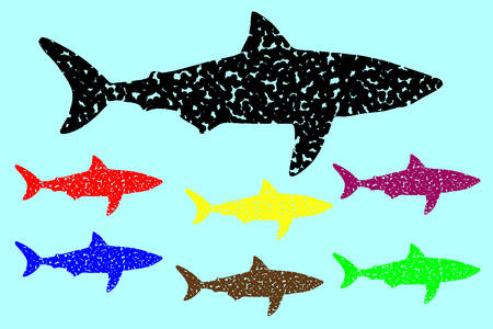 Shark silhouette vector, silhouette fish color set,のイラスト素材
