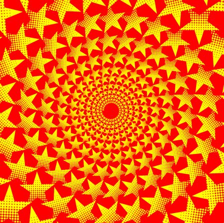 Yellow five-pointed star on red background - vector pattern, Abstract circular background - five-pointed star,のイラスト素材