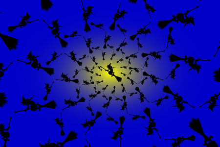Black witch on a broomstick on a blue background - vector patternのイラスト素材