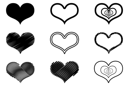 Vector black hearts icon set, Hand drawn,のイラスト素材