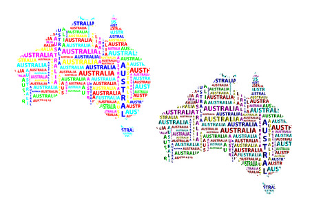 Sketch Australia letter text continent, Australia word - in the shape of the continent, Map of continent Australia - color vector illustrationのイラスト素材