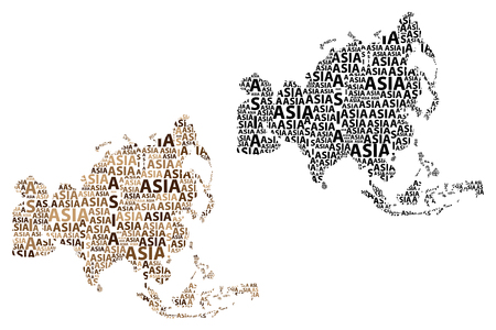 Sketch of map of Asia letter text continent in the shape of the continent, brown and black vector illustration.のイラスト素材