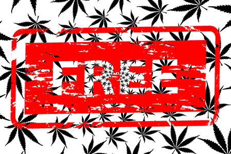 Marijuana leaf black and white pattern and red rubber stamp free, International day for cannabis, April 20.のイラスト素材