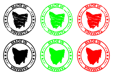 Made in Tasmania rubber stamp in black, green and red colors.のイラスト素材