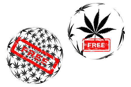 Marijuana leaf globe on black and white pattern and red rubber stamp free, International day for cannabis, April 20,のイラスト素材