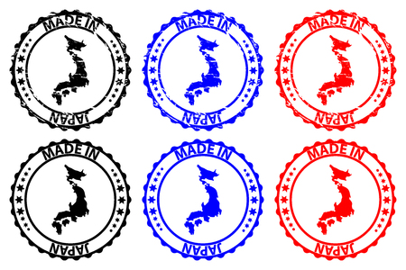 Made in Japan  rubber stamp  vector, Japan map pattern  black, blue and redのイラスト素材