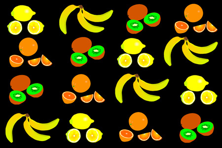 Tropical fruits illustration - vector pattern, lemon, orange, banana and kiwi, のイラスト素材