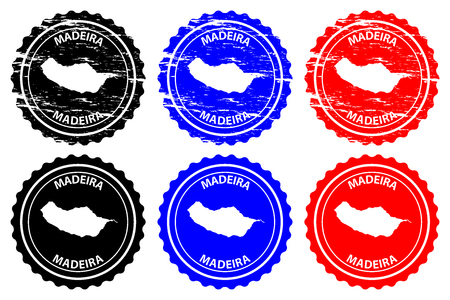 Madeira - rubber stamp - vector, Madeira map pattern - sticker - black, blue and redのイラスト素材