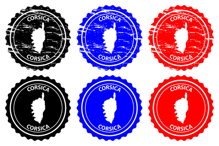 Corsica - rubber stamp - vector, Corsica map pattern - sticker - black, blue and redのイラスト素材