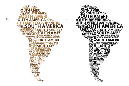 Sketch South America letter text continent, South America word - in the shape of the continent, Map of continent South America - black and brown vector illustrationのイラスト素材