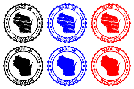 Made in Wisconsin - rubber stamp - vector, Wisconsin (United States of America) map pattern - black, blue  and redのイラスト素材